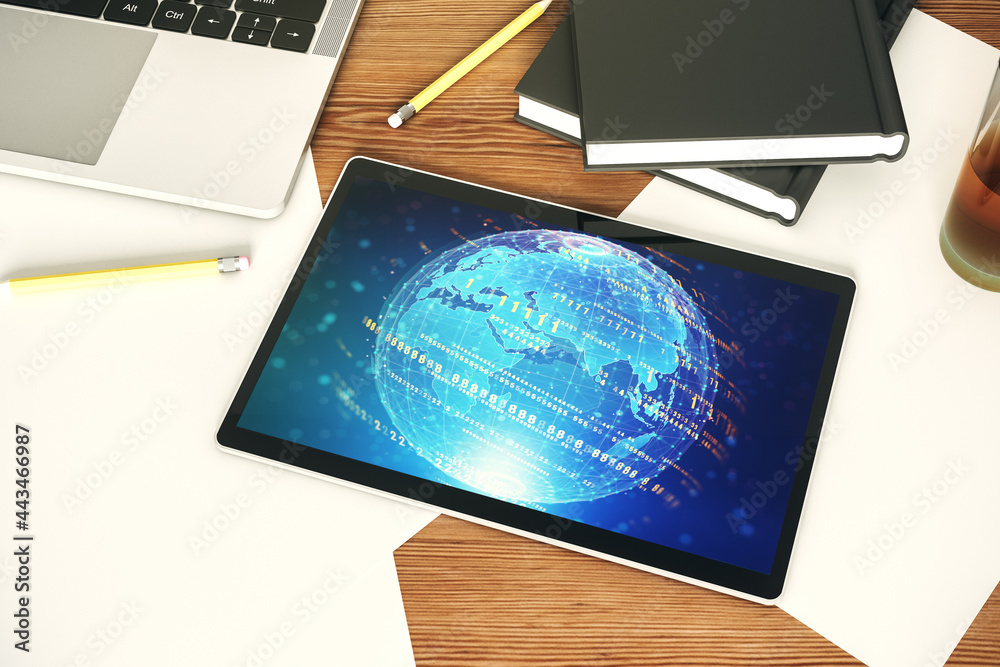 Poster modern digital tablet monitor with abstract programming language and world map, research and develop