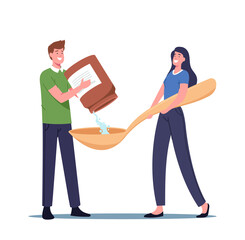 Tiny Male Character Pour Medicine from Bottle in Huge Spoon. People Take Drugs Treatment in Time Every Day, Health Care