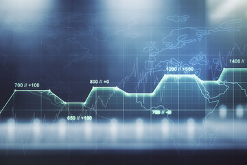 Double exposure of abstract virtual statistics data hologram on modern business center exterior background, statistics and analytics concept