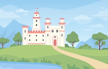 Fototapeta na wymiar Landscape with medieval castle. Cartoon fantasy royal palace with towers. Old kingdom building, green meadow, pond and blue sky vector scene