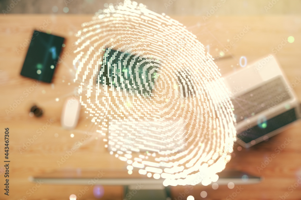 Poster Abstract creative fingerprint illustration on modern computer background, personal biometric data concept. Multiexposure