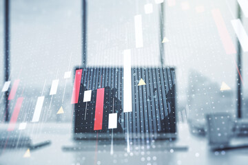 Multi exposure of abstract financial graph with world map on modern computer background, financial and trading concept