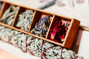 set of dried herbs delphinium, sage, wormwood, lavender, rose. Wormwood wand