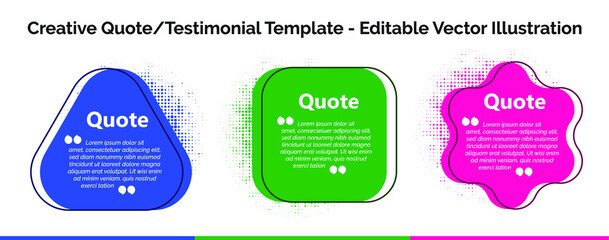 Creative editable vector quote, Quotation bubble, Banner illustration, Testimonial, Infographics, Text in brackets, Citation empty speech bubbles, Textbox isolated on color background