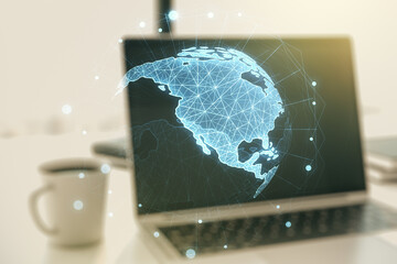 Double exposure of graphic America map on computer background, big data and digital technology concept