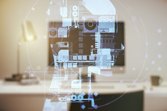 Double exposure of creative human head microcircuit with computer on background. Future technology and AI concept