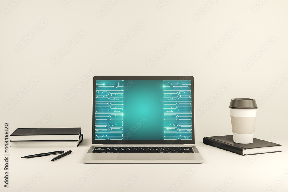 Leinwandbilder modern computer monitor with circuit hologram. research and development hardware concept. 3d renderi