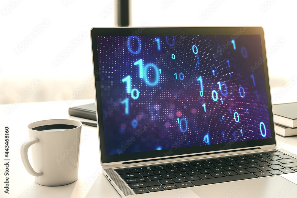 Poster creative abstract binary code sketch on modern laptop monitor, hacking and matrix concept. 3d render