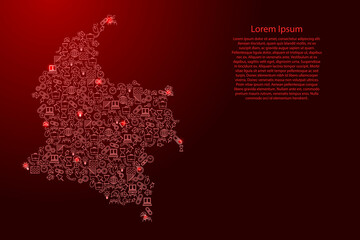 Colombia map from red and glowing stars icons pattern set of SEO analysis concept or development, business. Vector illustration.