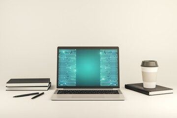 Fototapeta premium Modern computer monitor with circuit hologram. Research and development hardware concept. 3D Rendering