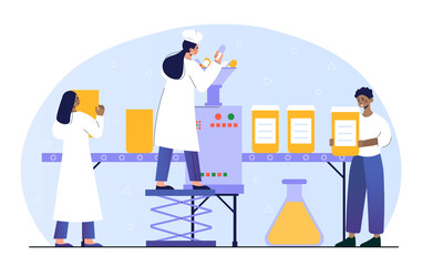 Male and female pharmacists working at huge production line machine