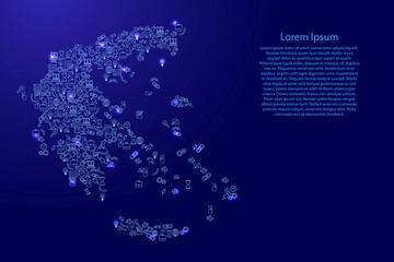 Greece map from blue and glowing stars icons pattern set of SEO analysis concept or development, business. Vector illustration.