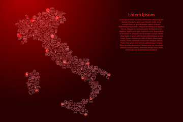 Italy map from red and glowing stars icons pattern set of SEO analysis concept or development, business. Vector illustration.