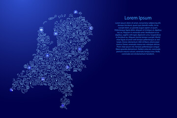 Netherlands map from blue and glowing stars icons pattern set of SEO analysis concept or development, business. Vector illustration.