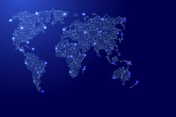 World map from blue and glowing stars icons pattern set of SEO analysis concept or development, business. Vector illustration.