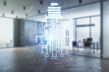 Virtual creative light bulb with chip hologram on a modern furnished office interior background, artificial Intelligence and neural networks concept. Multiexposure