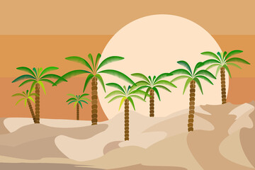 Fototapeta na wymiar Desert landscape with palm trees and sun setting on the horizon. Flat vector illustration