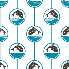 seamless pattern with fish and water waves on white background