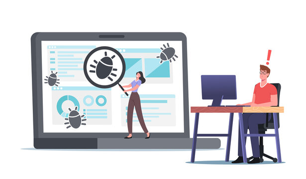 Programmer Characters Catch Bugs, Debugging Process, Programming, Coding, Create App. Application Development and Test