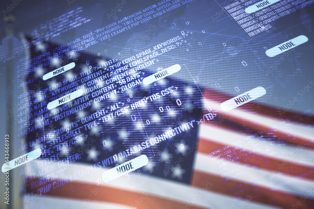 Poster double exposure of abstract creative programming illustration and world map on us flag and blue sky 