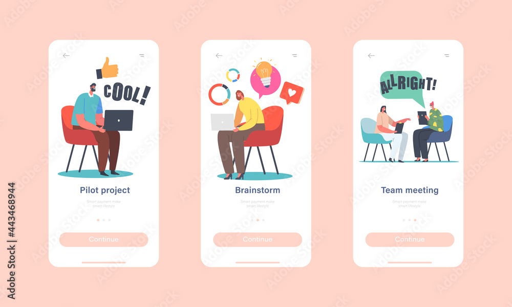 Wall mural brainstorm mobile app page onboard screen template. business characters meeting, discuss idea. team 