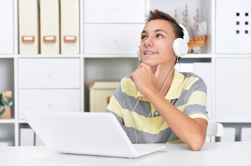 Portrait of cute boy using laptop in room