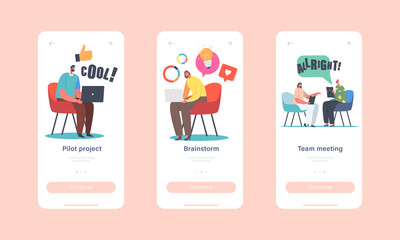 Brainstorm Mobile App Page Onboard Screen Template. Business Characters Meeting, Discuss Idea. Team Project Development