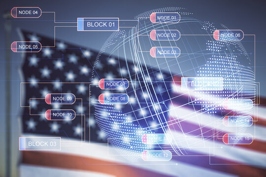 Double exposure of abstract creative programming illustration and world map on US flag and blue sky background, big data and blockchain concept