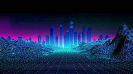 Synthwave wireframe landscape. Sunset over the city. 80s style retro futurism background. 4K Seamless loop. - Powered by Adobe