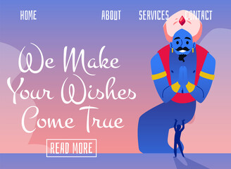 Design for service app with arabic genie making wishes come true of person.