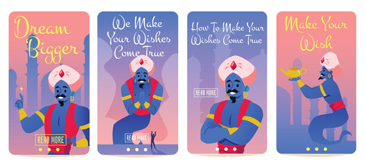 Set banners on wish fulfillment and dream with genie, flat vector illustration.