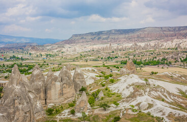 Göreme, Turkey - panorama view of the town of Göreme in Cappadocia, Turkey with fairy chimneys, houses, and unique rock formations seen from sunrise point