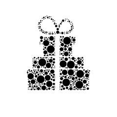 A large set of gifts in the center made in pointillism style. The center symbol is filled with black circles of various sizes. Vector illustration on white background