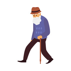 Tired old man, elderly male character with walking stick a vector illustration