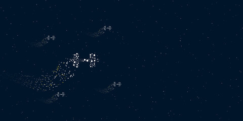 Obraz na płótnie Canvas A dumbbell symbol filled with dots flies through the stars leaving a trail behind. Four small symbols around. Empty space for text on the right. Vector illustration on dark blue background with stars