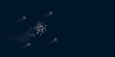 Fototapeta na wymiar A coronavirus symbol filled with dots flies through the stars leaving a trail behind. There are four small symbols around. Vector illustration on dark blue background with stars