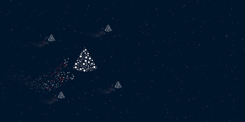 A slice of pizza filled with dots flies through the stars leaving a trail behind. Four small symbols around. Empty space for text on the right. Vector illustration on dark blue background with stars