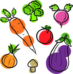 Set of original illustrations of vegetables. Carrots, eggplant, mushroom, tomato, beet, onion, broccoli. Vector graphics hand drawing. Vegetables for prints, postcards, menus.