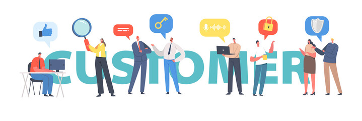Customer Concept. Businesspeople Characters Communicate with Clients, Working in Office, Discuss Projects and Chatting