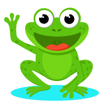Green frog smiling sits and waving. The character