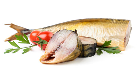 Smoked mackerel whole and pieces with herbs on a white background. Isolated