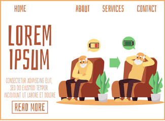 Web banner with tired and rested elderly man in chair, flat vector illustration.