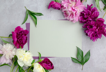 Blank paper and peony flowers. Blank for a greeting card or invitation. Flower background
