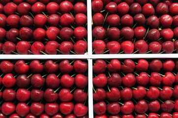 Red ripe cherries, berries lie neatly and beautifully, the purpose of a beautiful display of goods is a profitable sale. The concept of a healthy diet, fresh vitamins. Photophone, flat lay