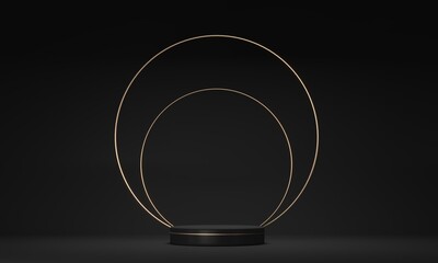 Arch, Pedestal, and gold frame decor. Dark black background. 3d render illustration. Podium steps for brand promotion product. Creative background for advertising presentation. Stand base mockup. 