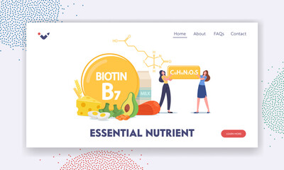 Essential Nutrient Landing Page Template. Tiny Female Characters with Biotin Formula. Women Applying Vitamin B7