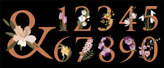 Floral botanical numbers.Numbers with spring flowers.Collection of modern art numbers in pastel colors. Vector Illustration for wedding, greeting cards, posters, invitation template design
