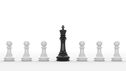 Leadership concept, black king of chess, standing out from the crowd of white pawns, on white background. 3D Rendering