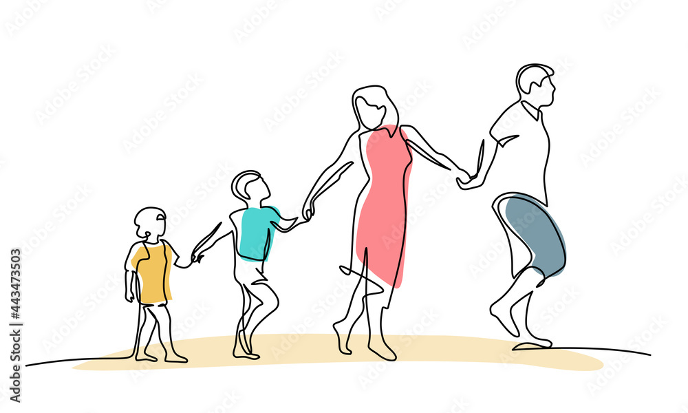 Wall mural Family walking hand in hand. Dad, mom and two children