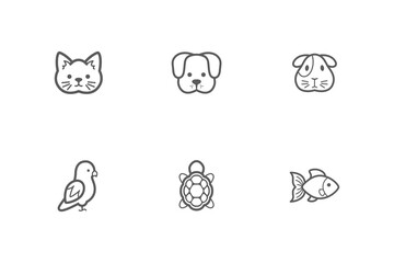 Vector pets icons set. Collection of six isolated pictograms with animal heads, fish, turtle and bird for pet shop